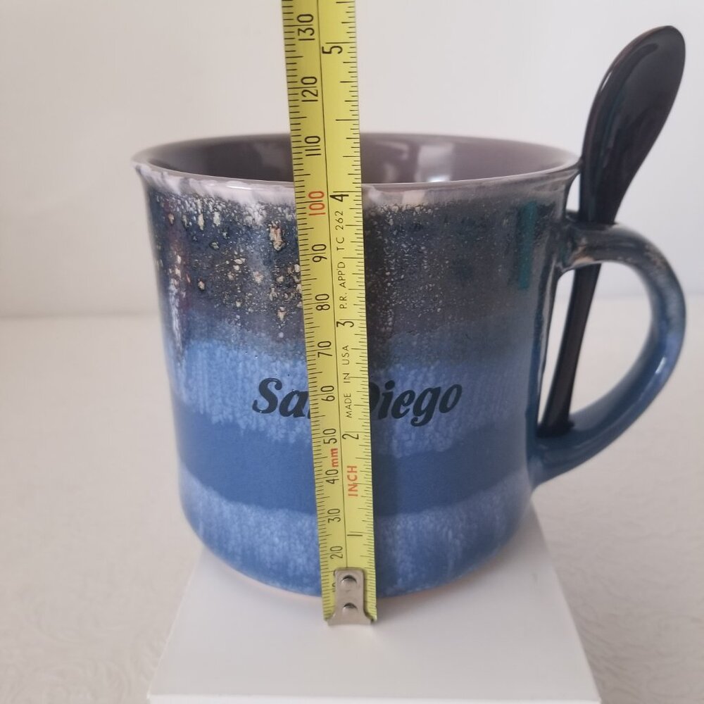 Large 16oz Blue Gray Ceramic Glazed San Diego Coffee Mug Cup with Spoon - Picture 13 of 14